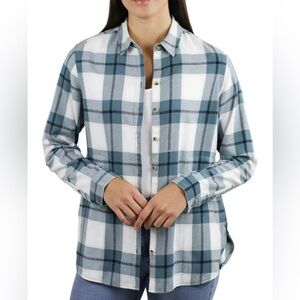 JACHS Girlfriend Teal and White Flannel Plaid Shirt Fleece Lined Pockets Large
